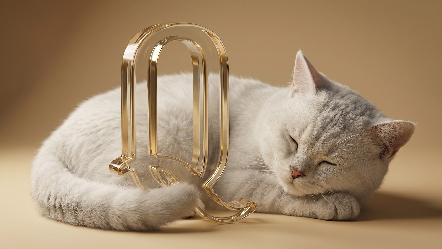 A white cat sleeping curled around a Queen Heart gold Q sculpture