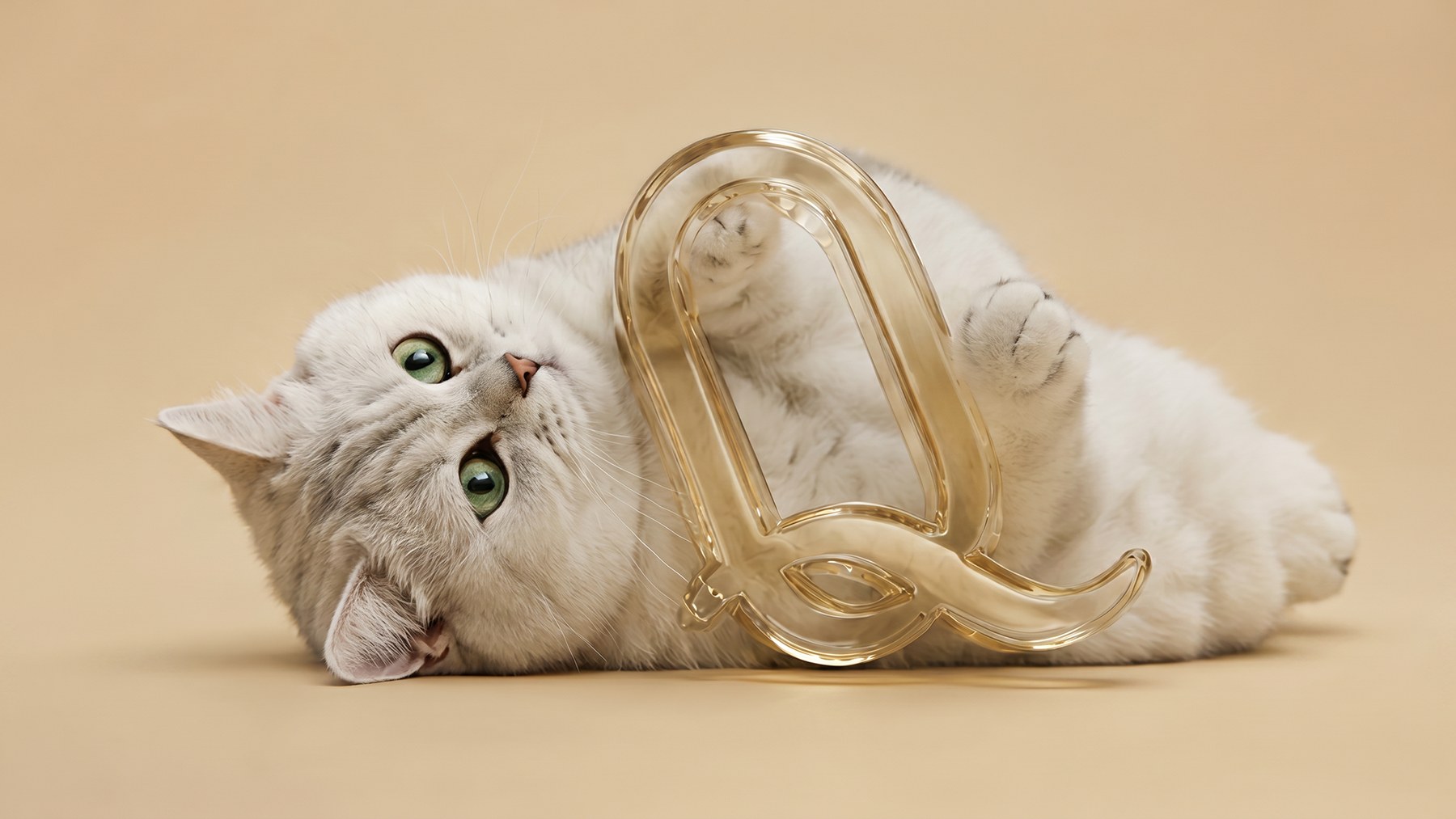 A white cat lying down with a Queen Heart gold Q sculpture