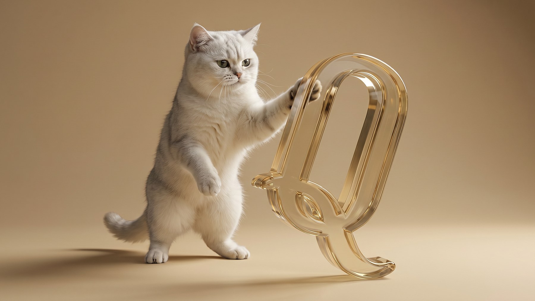 A white shorthair cat standing with the Queen Heart gold Q sculpture