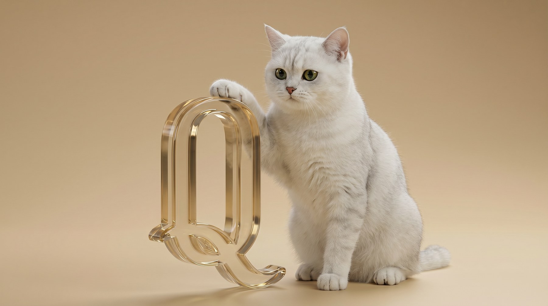 A white cat sitting beside the Queen Heart gold Q sculpture