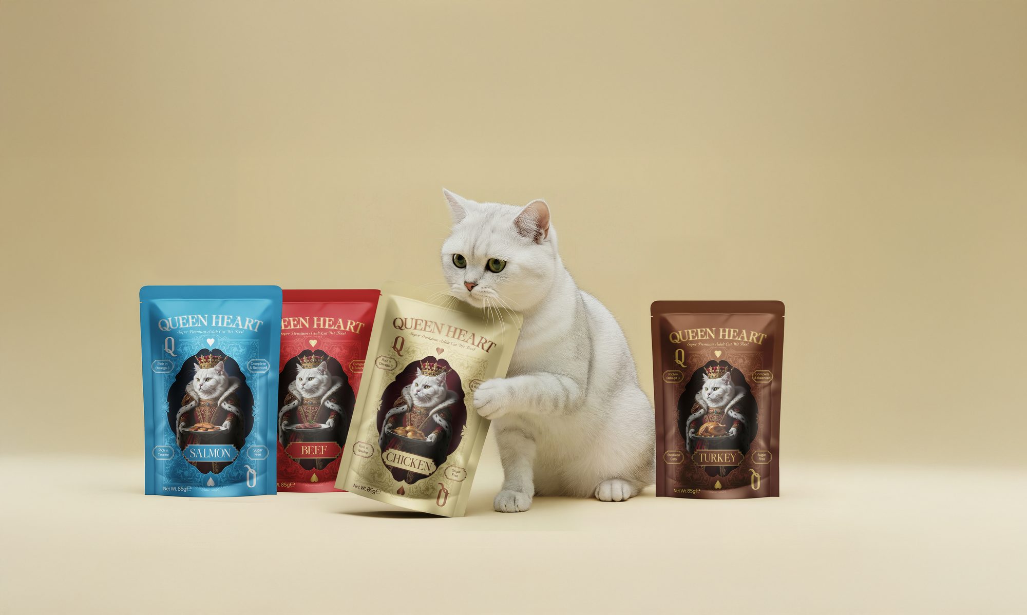 The Queen Heart court, all four pouches with a white shorthair cat