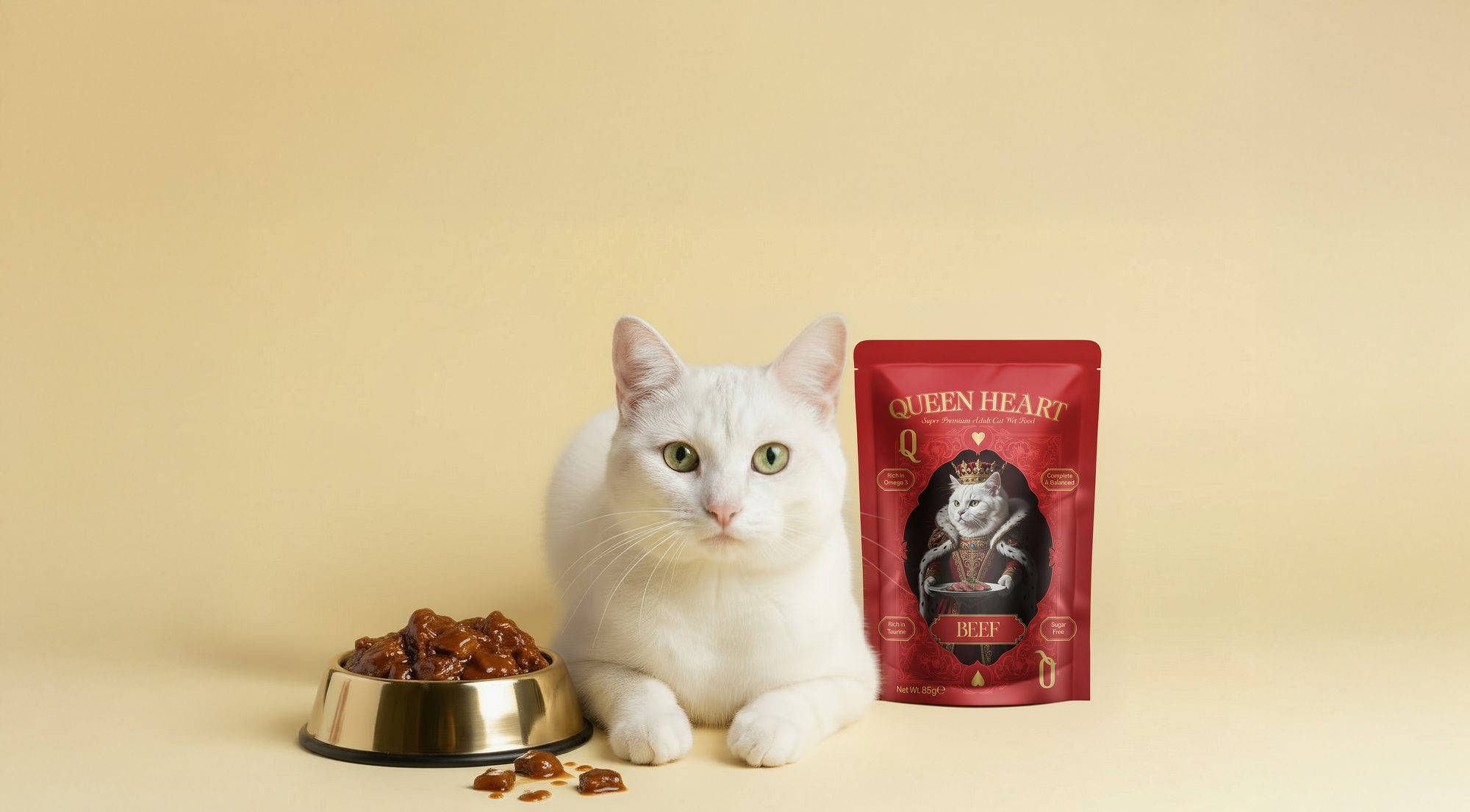 A white cat resting beside the Queen Heart Beef pouch and a bowl